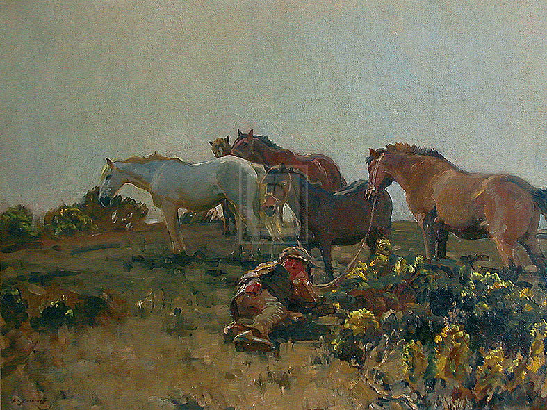 "Shrimp with Ponies in the Ringland Hills near Norwich" horse racing artwork