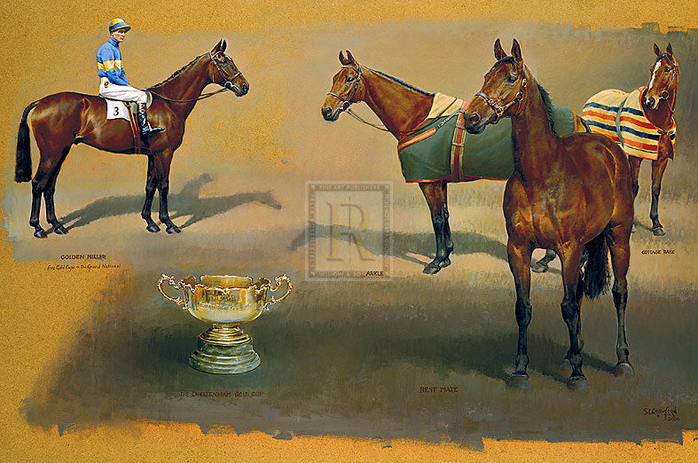 "Triple Winners of the Cheltenham Gold Cup" horse racing artwork