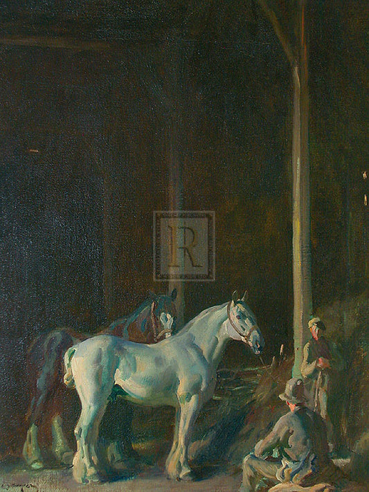 "Percherons and Stable Men in a Barn" horse racing artwork